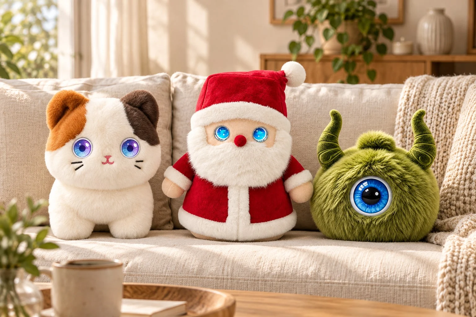 YGift AI plush companions collection on a warm sofa